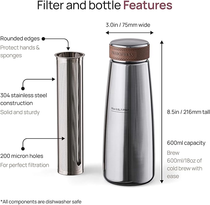 NitroPress Cold Brew Coffee Maker – Stainless Steel Home Brew Kit for Coffee and Tea with 200 Micron Filter Basket and Storage Cap - Perfect for Cold Brew at Home