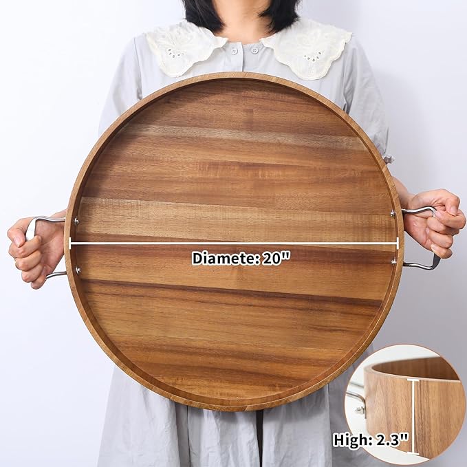 Large Round Tray 20" Round Wooden Tray Ottoman Tray with Handles Elegance and Easy to Pick Up, Tray for Ottoman Wood Serving Tray Decorative Trays for Daily Use and Party with Friends and Family