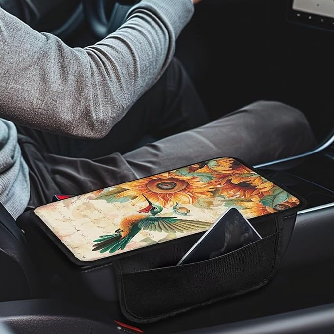 BIGCARJOB Hummingbird Print Car Armrest Box Pad with Side 2 Storage,Sunflower Print Armrest Cover for Cars Truck Cute Auto Interior Accessories Center Console Organizer Storage Box