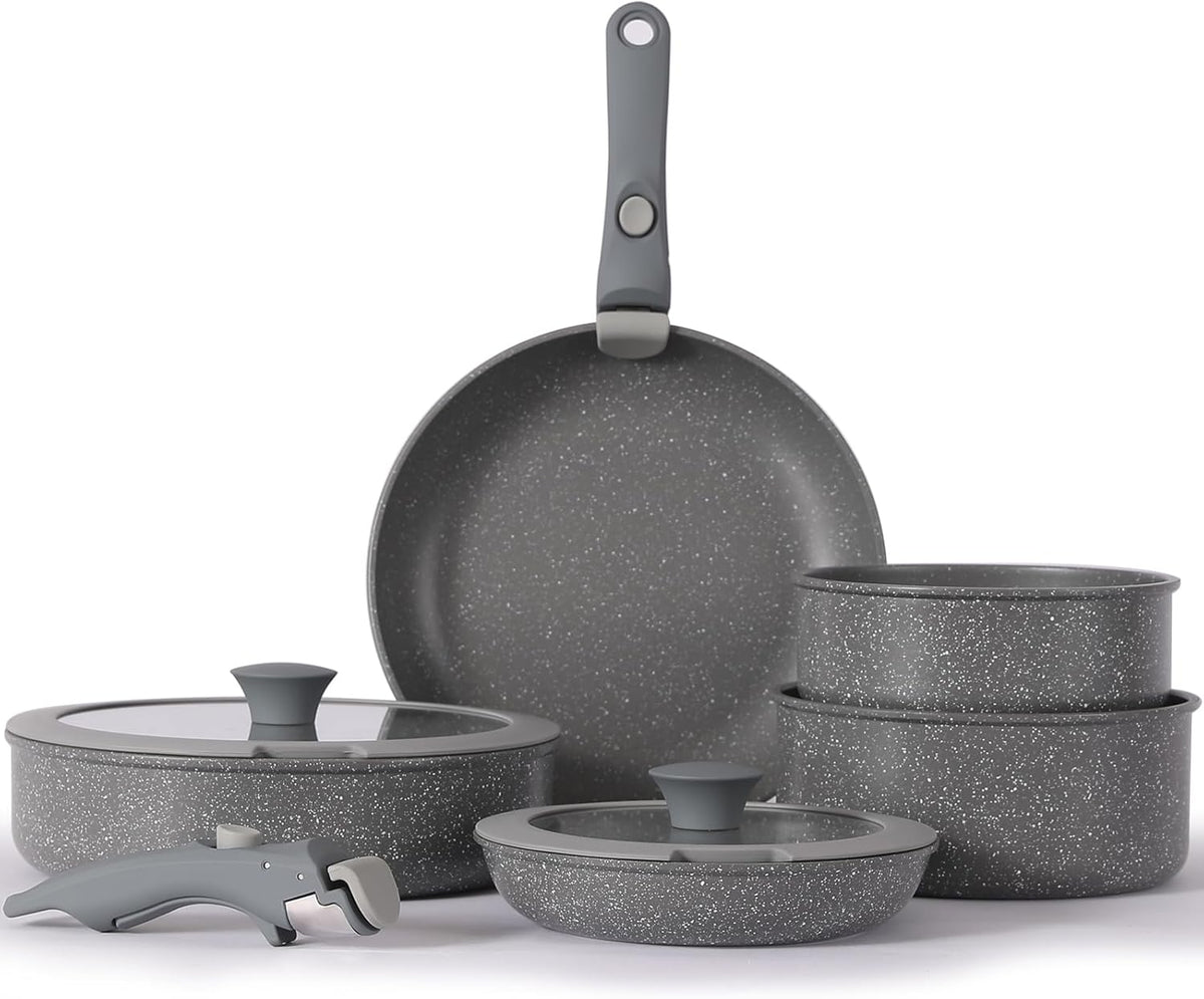 Gray Non Stick Pot and Pan Set with Removable Handle, Ceramic Cookware Set Detachable Handle, 5pcs Induction Kitchen Camping Stackable Pots Pans, Dishwasher/Oven Safe, PTFE/PFAS/PFOA Free