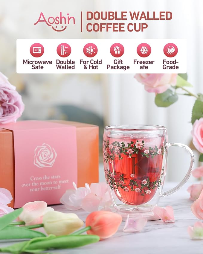 Initial Glass Cup for Women, 12oz Rose Double Walled Glass Coffee Mugs, Personalized Gifts for Women, Initial Coffee Tea Mug with Scarf, Birthday Wedding Gifts for Her Mom Teacher