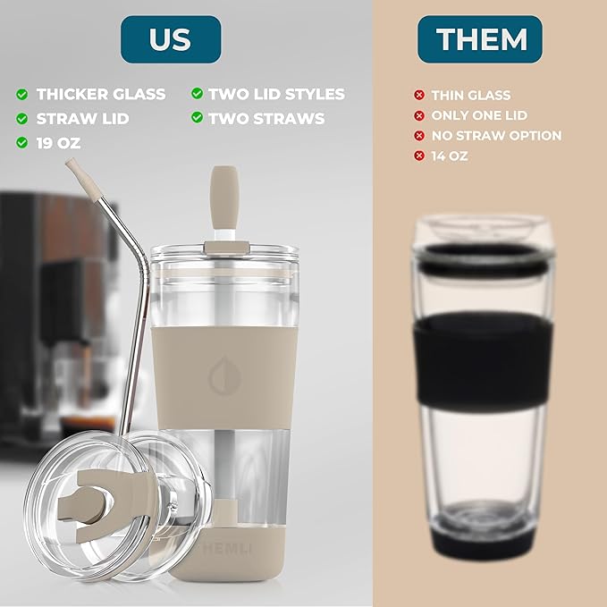 19 oz. Clear Double Wall Glass Coffee Tumbler, To Go Glass Travel Mug with Lid and Straw, Reusable Cup Tea, Smoothies, Ice Coffee, and Boba (White Biege)