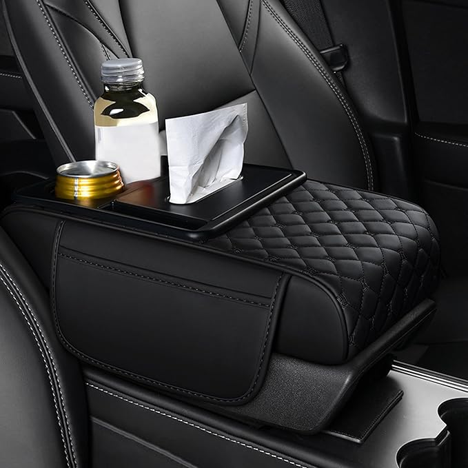 Car Center Console Cover for Toyota Crown Signia – 5-in-1 Leather Armrest Cushion Pad with 2 Storage Bags, Holds Cups, Phone, Tissues, Car Interior Accessory,A Black