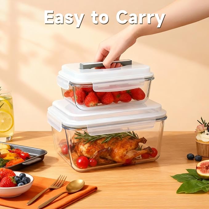 KOMUEE 2 Pack 220oz+76.4oz Extra Large Glass Food Storage Containers Set with Airtight Lids, Big Glass Meal Prep Containers, Ideal for Storing Rotisserie Chicken, Lasagna,Salads, Leak-proof & BPA-Free