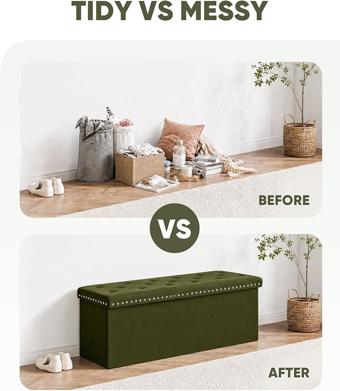 B FSOBEIIALEO Storage Ottoman Bench, Folding Tufted Ottomans with Storage, Extra Large 140L Storage Boxes Footrest Bench for Bedroom, Luxury Velvet Fabric 43 Inches Olive