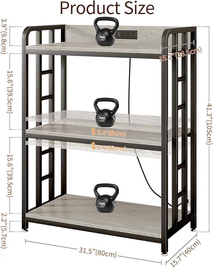 Bakers Rack with Power Outlet,Adjustable Microwave Stand with Storage,3-Tier Kitchen Shelves,Microwave cart Suitable for Kitchen,Dinning Room,Coffee Bar,Living,Greige