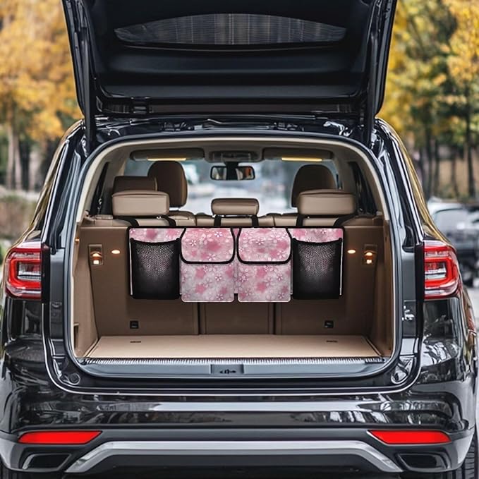 Dreaweet Pink Cherry Blossom Trunk Organizer for Car Women Hanging Back Seat Storage with 4 Pockets Collapsible Car Cargo Trunk Storage Organizer Bag for Truck,SUV,Van with Adjustable Straps