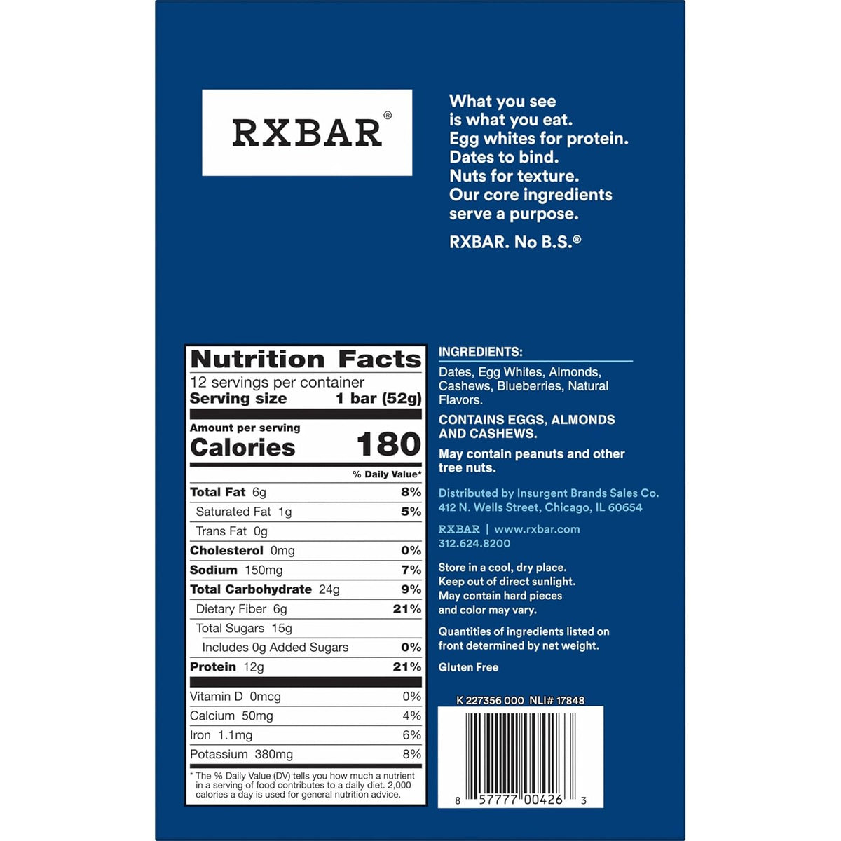 RXBAR Blueberry Protein Snack Bars, 22oz Box, 12 Count, Gluten Free, Kosher Pareve