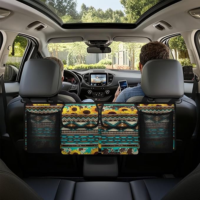 Boho Car Trunk Organizer and Storage, Sunflower Car Accessories for Women Large Capacity Space-Saving Back Seat Car Organizer for SUV/MPV/Truck/Sedan, It Easy to Find Things