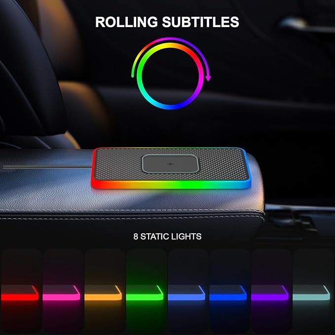 PUSOKEI Wireless Car Charger Pad, 20W Magnetic Fast Wireless Charging Mat with RGB LED Light, 30cm Cable & Cigar Lighter, Non Slip Base, for iOS & Android Phones