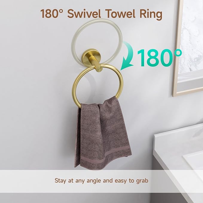 USHOWER Brushed Gold Bathroom Accessories Set, 24-Inch Towel Bar Set Wall Mounted, Durable SUS304 Stainless Steel Bathroom Hardware Set, 8-Piece