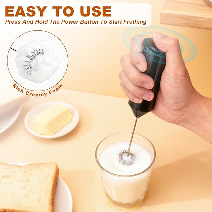 Handheld Milk Frother, Battery Operated Electric Foam Maker, Milk Frother Wand Drink Mixer with Stainless Steel Whisk for Coffee, Matcha, Lattes, Cappuccino (Black with stand)