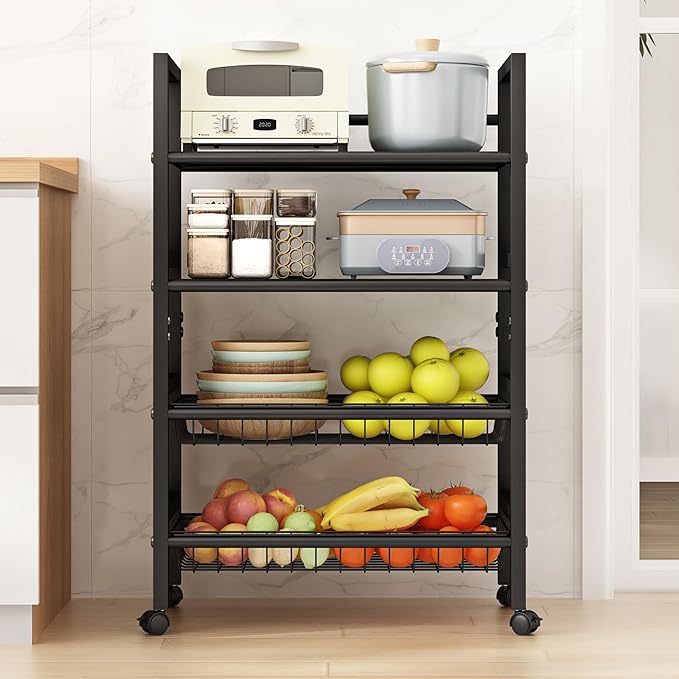 4-Tier Rolling Metal Storage Cart Mobile Organizer with Removable Grid Basket and Locking Wheels, Suitable for Multiple Uses, Black (Large)