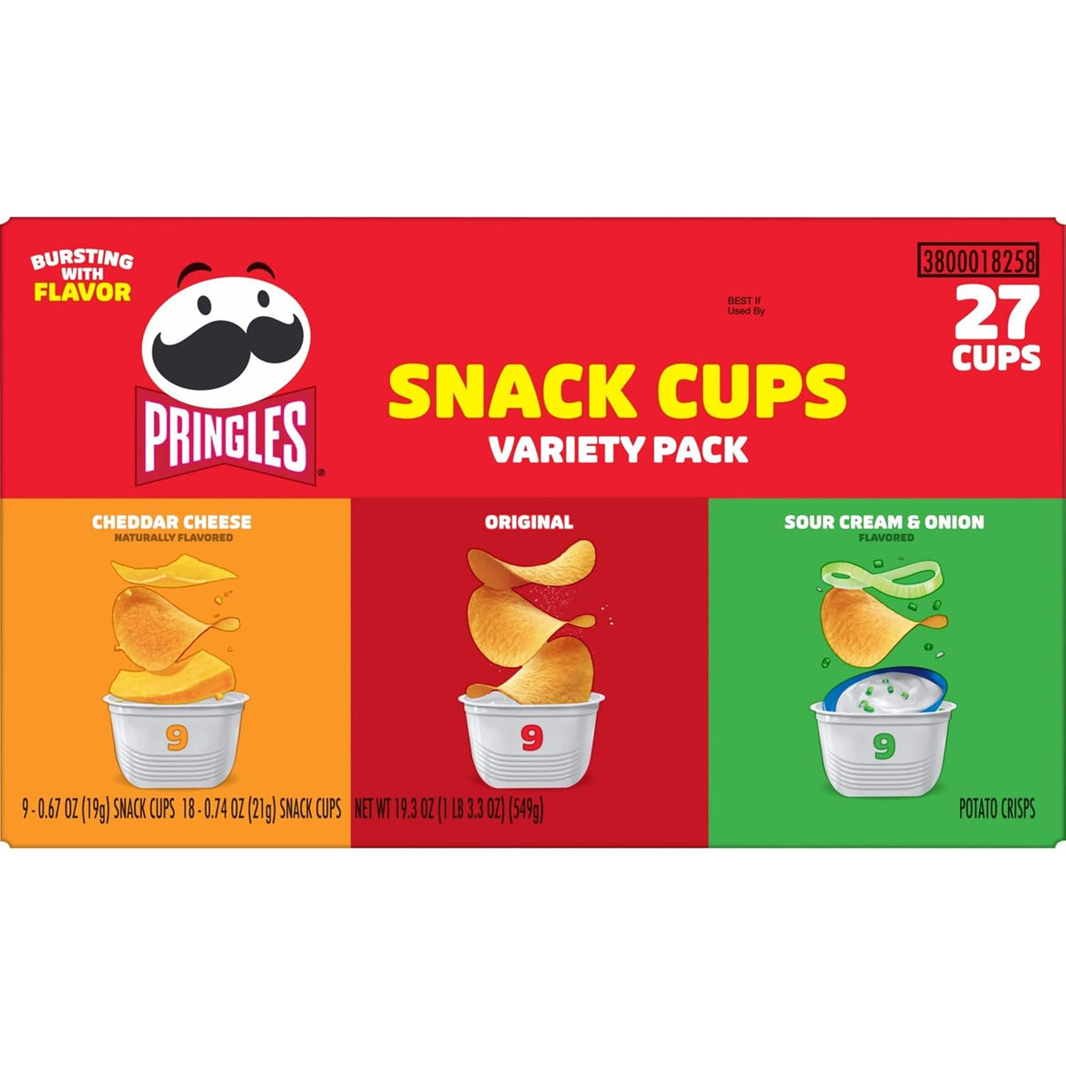 Pringles Potato Crisps Chips, Lunch Snacks, Snack Cups, Variety Pack, 19.3oz Box (27 Cups)