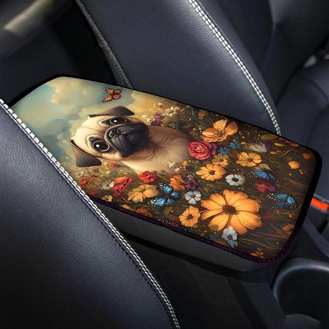 Suobstales Pug Dog Print Car Armrest Pad Soft Center Console Arm Rest Protector Cover Butterfly Daisy Flower Design Universal Car Interior Accessories Decoration