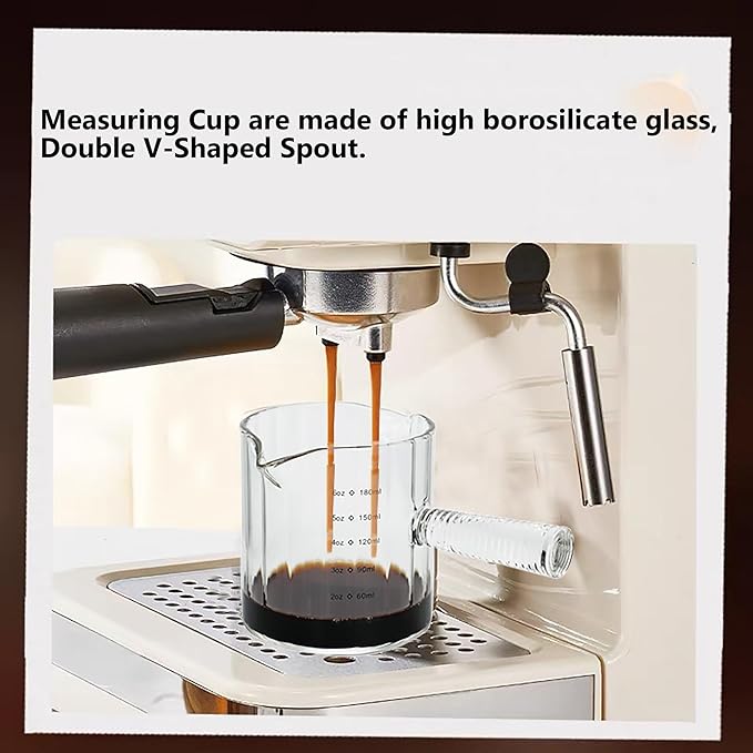 Glass Espresso Cup 6 OZ, Double Shots Measuring Cup with Glass Handle for Dishwasher Safe, Double V-Shaped Spout Milk Frothing Pitcher, Espresso Accessories for Machine, Demitasse Cups (Clear)