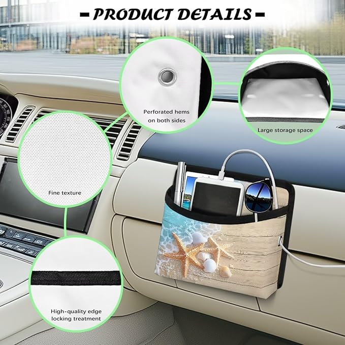 Renewold Plank Starfish Seashell Car Organizer Bag for Console Door Seat Backrest Multifunctional Pouch for Vehilce Home Office Car Pocket Organizer Auto Storage Holder for Phones Glasses Keys Cards