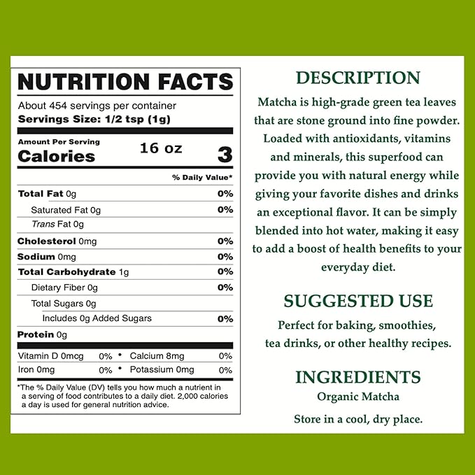 Cherie Sweet Heart Organic Matcha Green Tea Powder - Premium Culinary Grade, Authentic Japanese Origin, Antioxidant-Rich, Gluten-Free, Vegan – Perfect for Lattes, Cooking, Baking & Smoothies – 16oz Resealable Bag | Organic, For Cooking, Baking, Latte, ...
