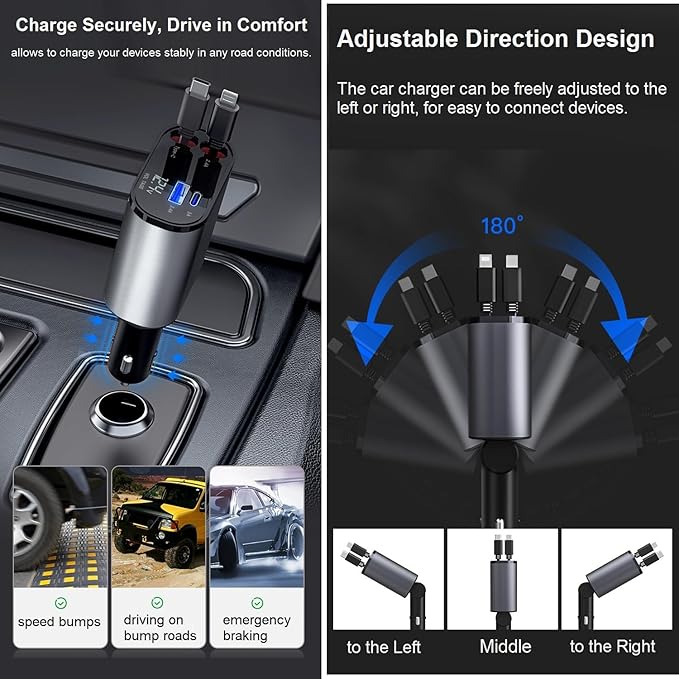 Retractable Car Charger - 4-in-1 Fast Car Phone Charger USB C and Lightning Cords 66W Cigarette Lighter Chargers Adapter for iPhone 15 14 13 12 Pro Max iPad Android Galaxy S24 S23 Pixel Tablet