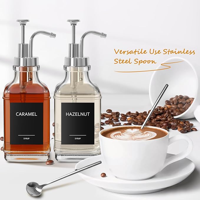 Coffee Syrup Dispenser, Coffee Bar Accessories 16.9 fl oz/500ml, Glass Syrup Dispenser with Silver Pump Dispenser, Labels, Spoons for Coffee Bar, 4 Pack