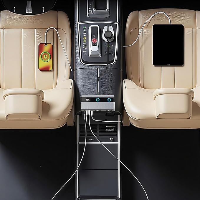 Socket Adapter with Retractable Type C Cable Car Phone Charging and USB/USB C MultiPort for Fast Charging Double Socket Adapter