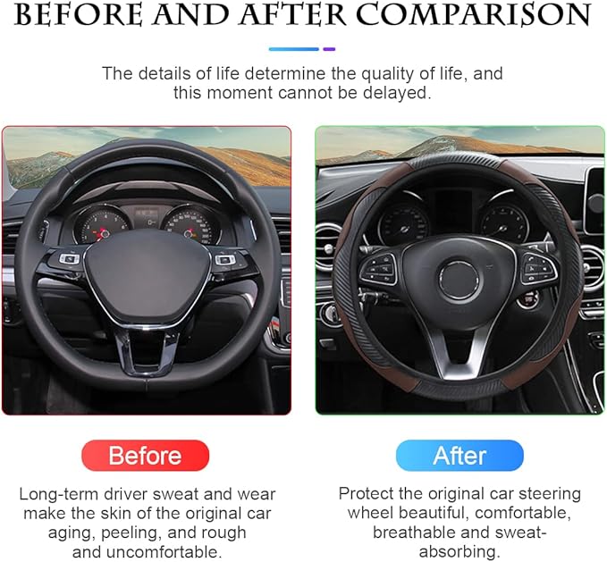 Car Steering Wheel Cover, Universal Microfiber PU Leather Elastic 15 inch Stitching Color Anti-Slip Steering Wheel Protector, Car Interior Accessories Steering Wheel Cover for Men Women (Coffee)
