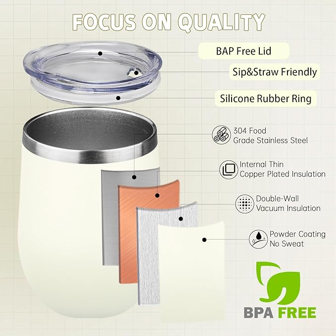 12oz/6 Pack Stainless Steel Wine Tumbler with Lid and Straw, Double Wall Vacuum Insulated Wine Tumbler Glasses, Stemless Travel Mugs for Hot and Cold Drinks, Coffee, Wine, Cocktails（Mix Color-1）