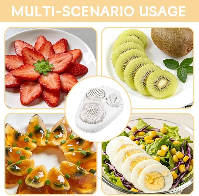 3-in-1 Egg Slicer for Hard Boiled Eggs, Stainless Steel Wire Egg Cutter with ABS Frame, Multi-Functional Kitchen Gadget for Slicing Strawberries, Bananas, Mushrooms & Cheese(White)