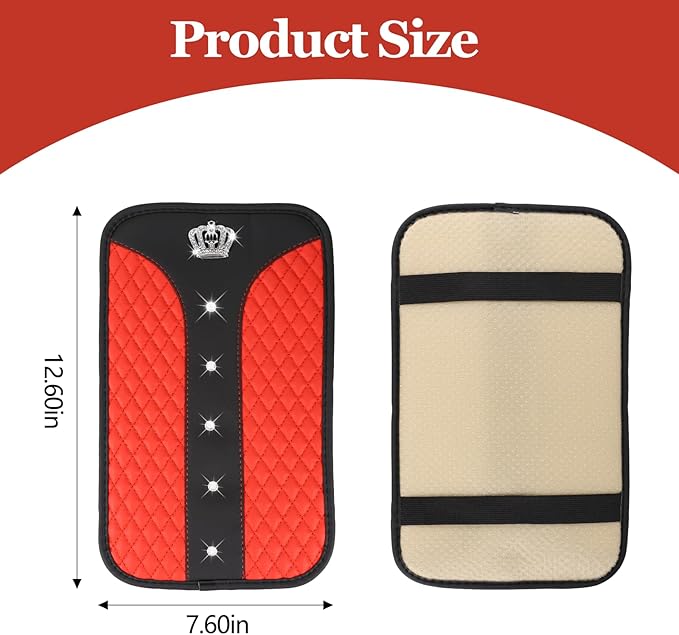 Bling Crown Car Center Console Cover, 12.7"×7.7" Armrest Cover for Cars, Waterproof Leather Arm Rest Box Pad Cushion, Universal Middle Console Cover Protector, Car Accessories (Red)