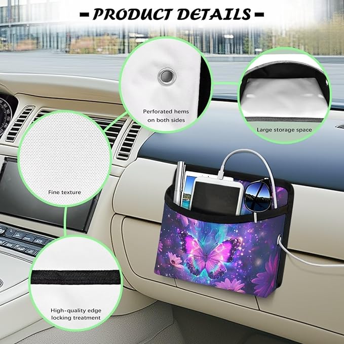 Purple Butterfly Car Seat Side Pocket Organizer Cell Phone Holder Storage Bag Pouch for Wallet Keys Document Auto Console Door Rear Seat Storage Box Automotive Interior Accessories