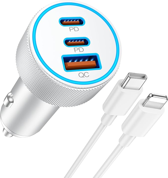 iPhone Car Charger Fast Charging, 67W 3-Port USB C Fast Car Charger Adapter Cigarette Lighter with 3FT USB-C to Lightning Cable Cord for iPhone 14 13 12 11 Pro Max SE XS Max Mini XR X 8 7 6 Plus, iPad