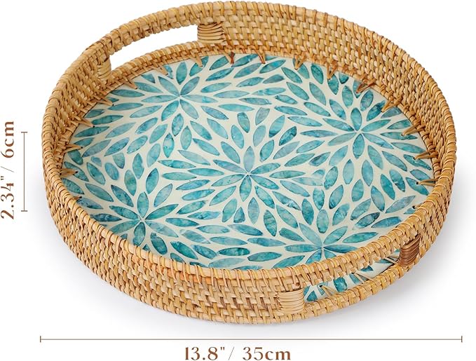 YANGQIHOME Round Rattan Tray with Handle, Mother of Pearl Inlay Decorative Wicker Basket for Coffee, Bread, Fruits, Serving Tray for Home Decor, Blue Flower