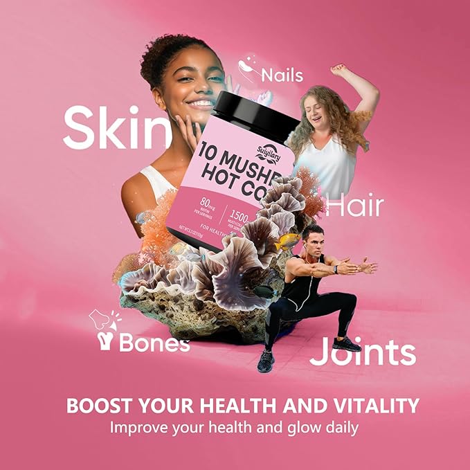 10 Mushroom Hot Cocoa, 1500mg Collagen, 80mcg Biotin, Sugar Free Keto Cocoa Powder, for Healthy Hair, Skin and Nails, 15 Servings