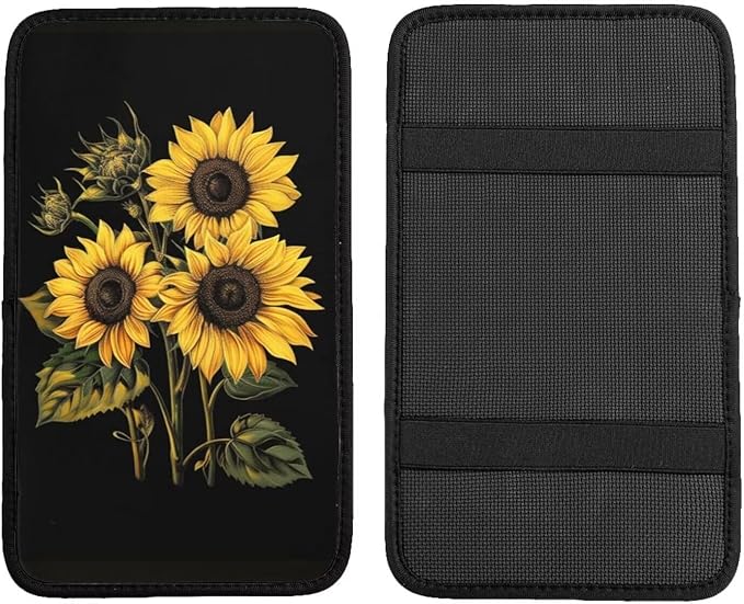 Car Center Console Cushion Pad Yellow Sunflower Universal Armrest Seat Box Cover Protector Flowers Comfortable Car Decor Accessories Fit for Truck Vehicles SUVs, Flower Floral Pad, Black