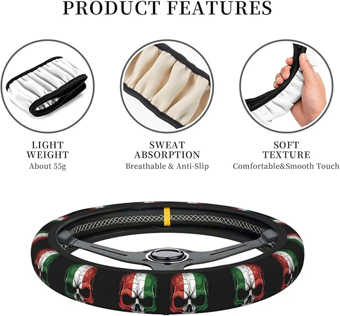 Dark Italian Flag Skull Art Car Steering Wheel Cover, 15 Inch Steering Wheel Cover Stylish Decor for Most Cars