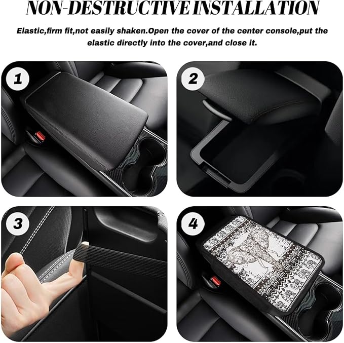 BIGCARJOB Boho Elephant Print Armrest Cover Cushion with Side Pockets Universal Middle Console Cover Vintage Elephant Print Center Console Organizer Bag Armrest Pads