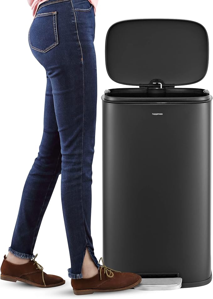 happimess HPM1011B Curtis 8-Gallon Step-Open Trash Can with Soft-Close Lid, Modern, Minimalistic, Fingerprint Proof for Home, Kitchen, Laundry Room, Office, Bedroom, Bathroom, Black