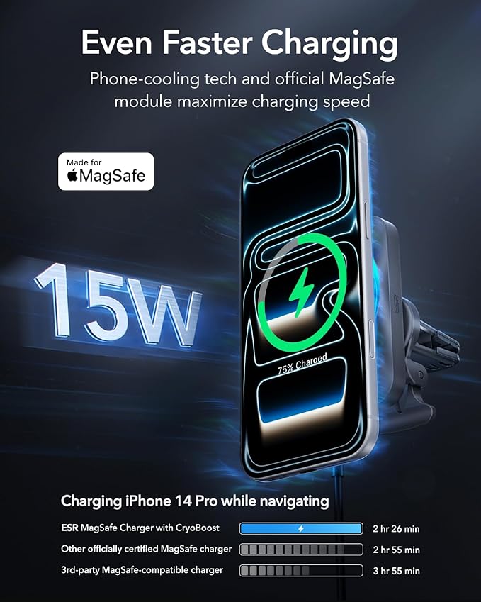 ESR for 15W MagSafe Car Mount Charger with CryoBoost, Made for Apple-Certified, for MagSafe Car Mount, Magnetic Wireless Car Charger for iPhone 17e/17-12, S26/S25, Fast Charging, Phone-Cooling Charger