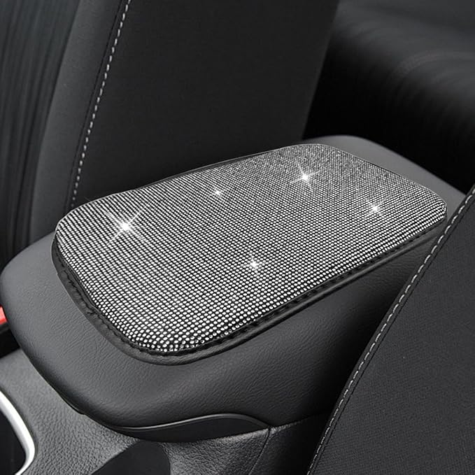 11.9''×8.4'' Bling Car Center Console Cover, Crystal Rhinestone Arm Rest Protective Cushion Pad, Diamond Soft Elbow Pillow, Auto Interior Decoration Accessories for Women Girls (White)