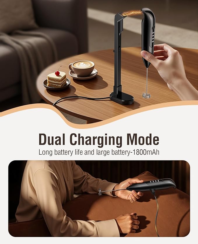 Electric Milk Frother Handheld: coffee frother rechargeable 3 in 1 - LED Display, Wireless Charging - 3 Speeds, Stainless Steel Whisk for Latte, Cappuccino - Bright Grey