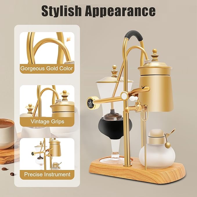Balance Syphon Siphon Coffee Maker, Belgium Royal Family Glass Siphon Coffee Maker, Vintage Vacuum Coffee Brewer, Retro-Style Coffee Brewing System (400 ml, Gold)
