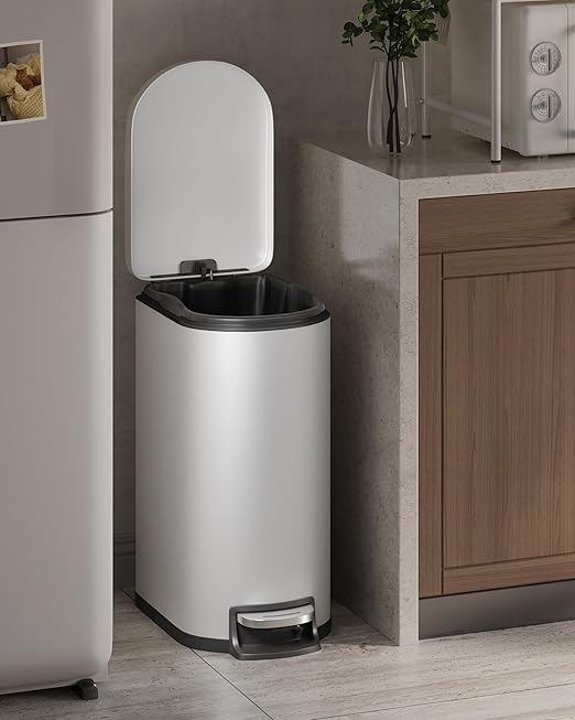 Garvee 13 gal / 50 L Metal Kitchen Trash Can with Lid, Slim Rustproof Garbage Can, Large Step-on Trash Bin with Inner Bucket, Rear Handle, Soft Close Lid, White