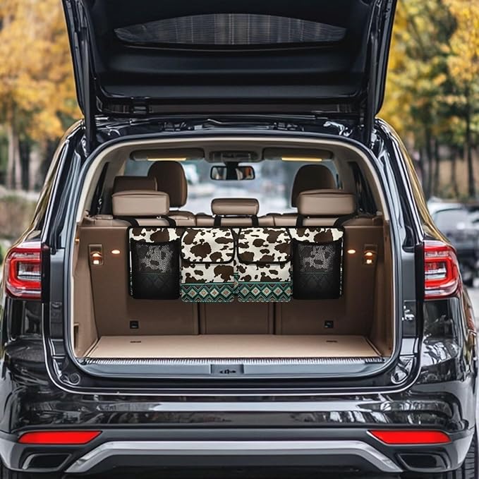 SEANATIVE Cow Ethnic Tribal Back Seat Trunk Organizer Hanging Car Organizer Trunk Foldable Cargo Storage with 4 Large Pockets 3 Adjustable Straps Car Interior Accessories 37.01x11.81inch