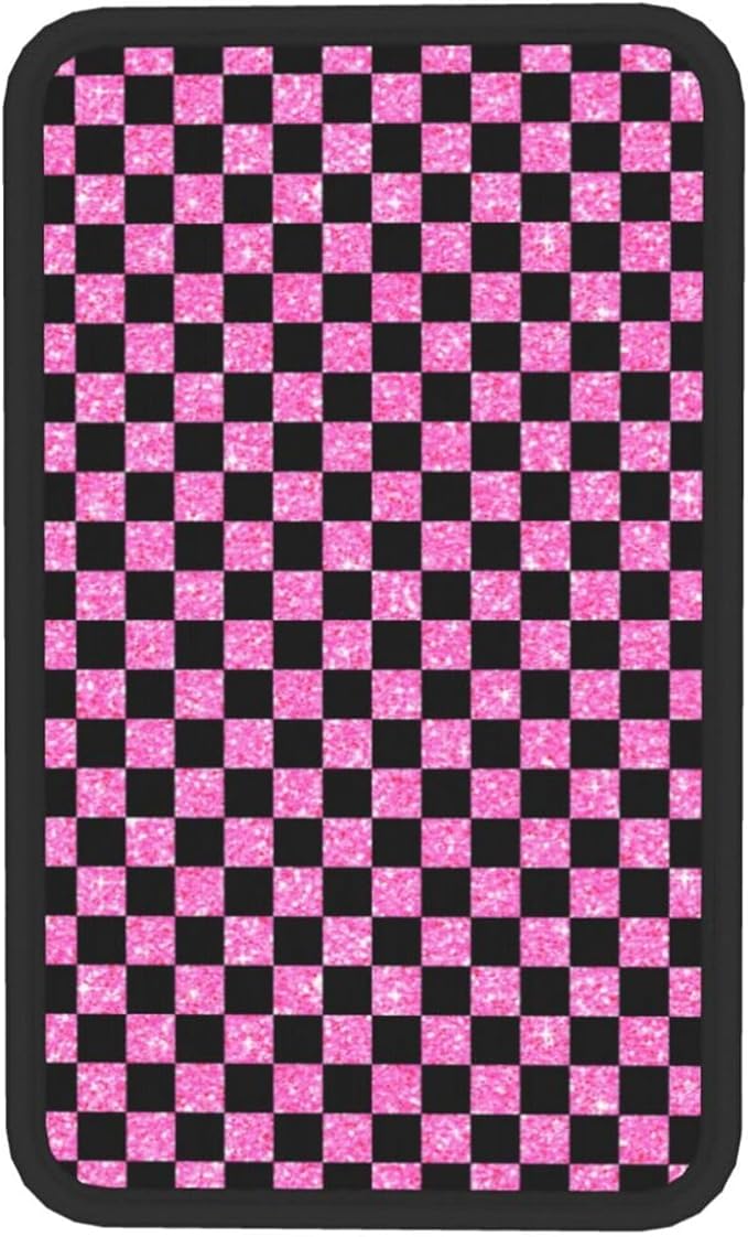 Glitter Pink Black Checkered Chessboard Flag Car Armrest Pad Cute Cars Center Console Cover Auto Handrail Box Cushion Armrests Cover