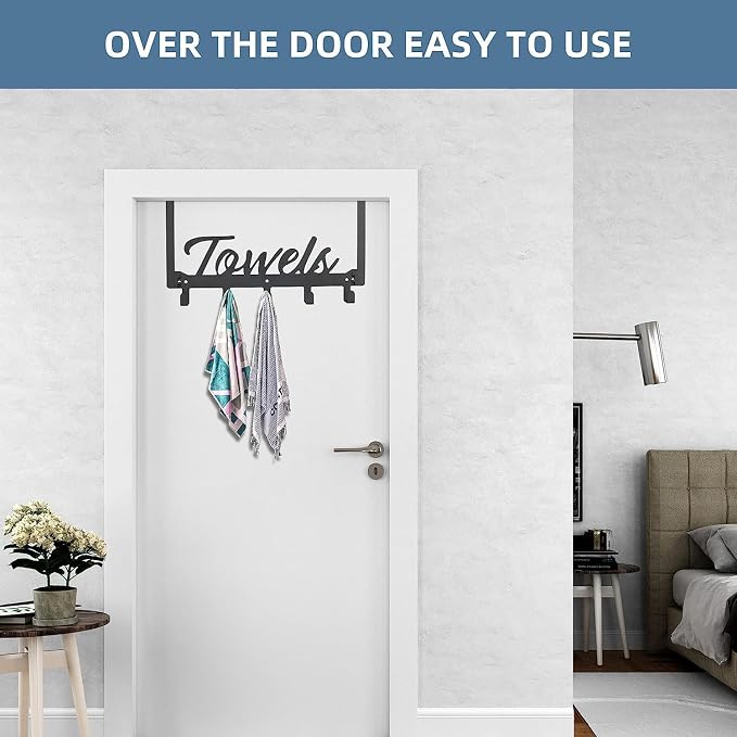 Azmoncy Over The Door Hooks - Heavy Duty Towel Rack with 5 Coat Hooks for Bedroom Kitchen, Gold Bathroom Decor