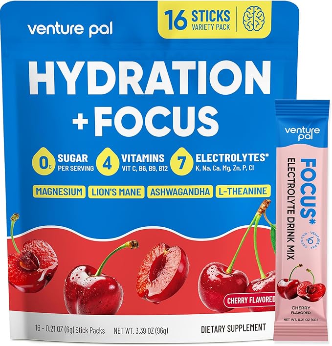 Venture Pal 2-in-1 Hydration Packets + Focus Support Electrolytes Powder, 7 Electrolytes + Vitamins, Magnesium, Lion's Mane & L-Theanine | Sugar Free Liquid Daily IV Drink Mix, Vegan, Keto, 16 Sticks