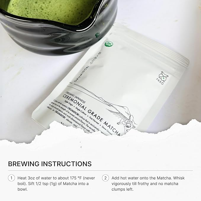 FKRO Organic Ceremonial Grade Matcha Green Tea Powder | 1st Harvest, Single Origin, Single Okumidori Cultivar | Sugar-free | Flown in Fresh from Japan Every Month (30g/1.06oz) Pouch