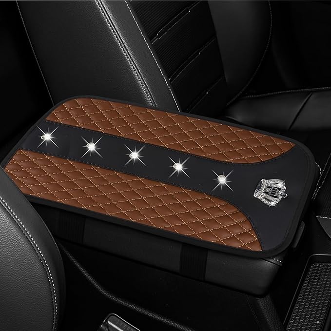 Bling Crown Car Center Console Cover, 12.7"×7.7" Armrest Cover for Cars, Waterproof Leather Arm Rest Box Pad Cushion, Universal Middle Console Cover Protector, Car Accessories (Coffee)