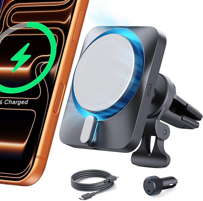 ESR for 15W MagSafe Car Mount Charger with CryoBoost, Made for Apple-Certified, for MagSafe Car Mount, Magnetic Wireless Car Charger for iPhone 17e/17-12, S26/S25, Fast Charging, Phone-Cooling Charger