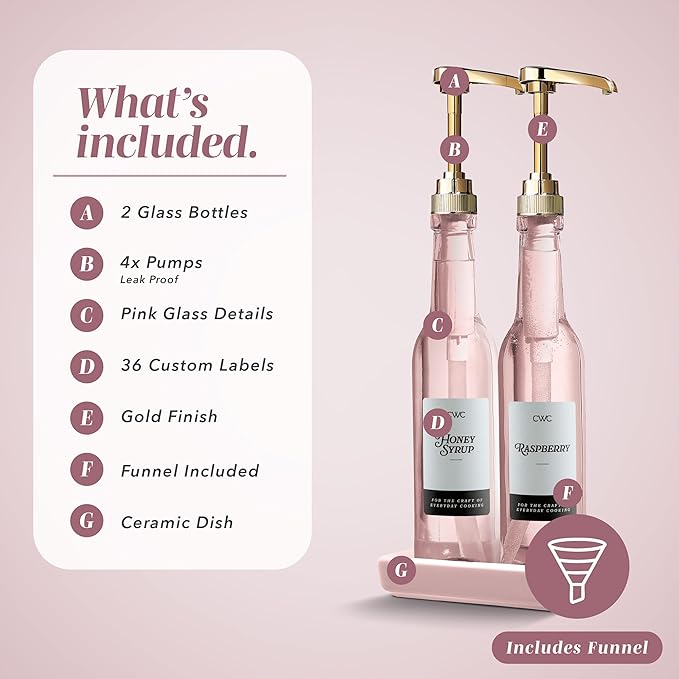 COOK WITH COLOR Glass Coffee Syrup Dispenser with Pump- Set of 2 Syrup Bottles for Coffee Bar, Decorative 350 ML Bottle with Ceramic Holder, Funnel, Labels and Extra Pumps, Pink